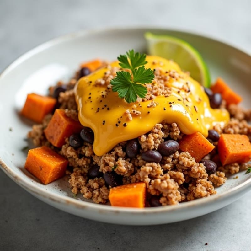 Creamy Cheesy Ground Turkey and Roasted Sweet Potato Nacho Bowl