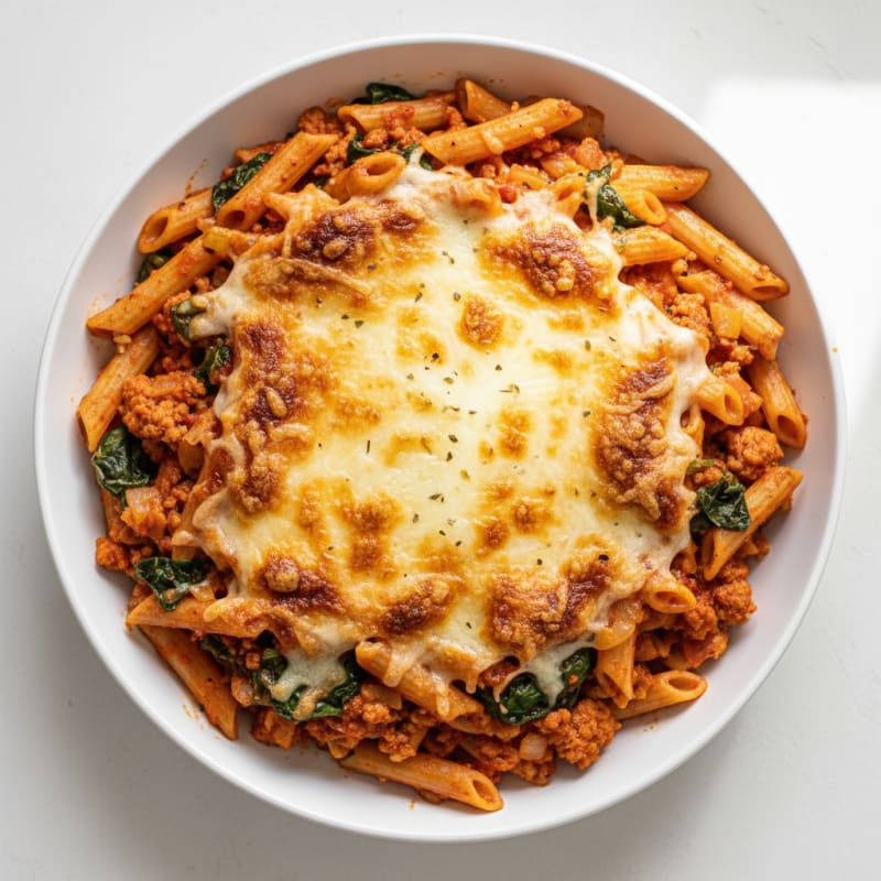 Creamy Baked Ziti with Golden Mozzarella Crust