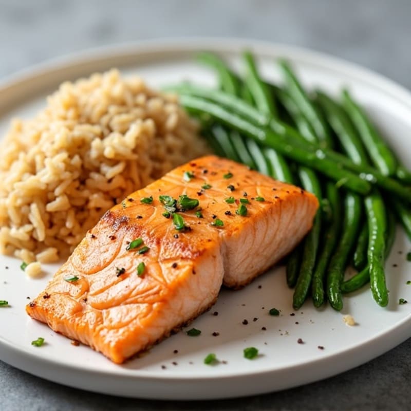 Seared Salmon Fillet with Garlic Green Beans and Brown Rice