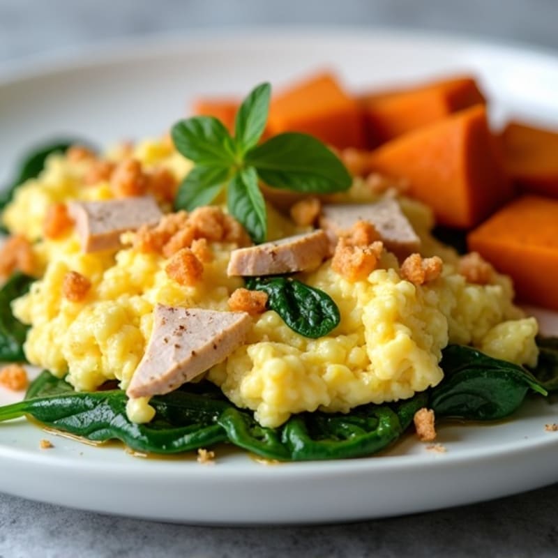 Egg White and Turkey Spinach Scramble with Roasted Sweet Potato