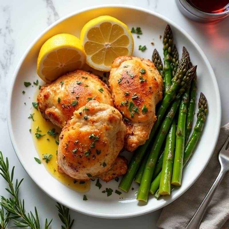 Crispy Lemon Herb Roasted Chicken Thighs with Roasted Asparagus