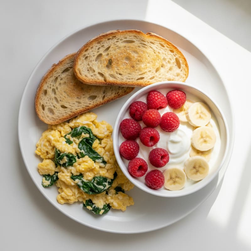 Scrambled Eggs with Sourdough and Greek Yoghurt Berry Bowl
