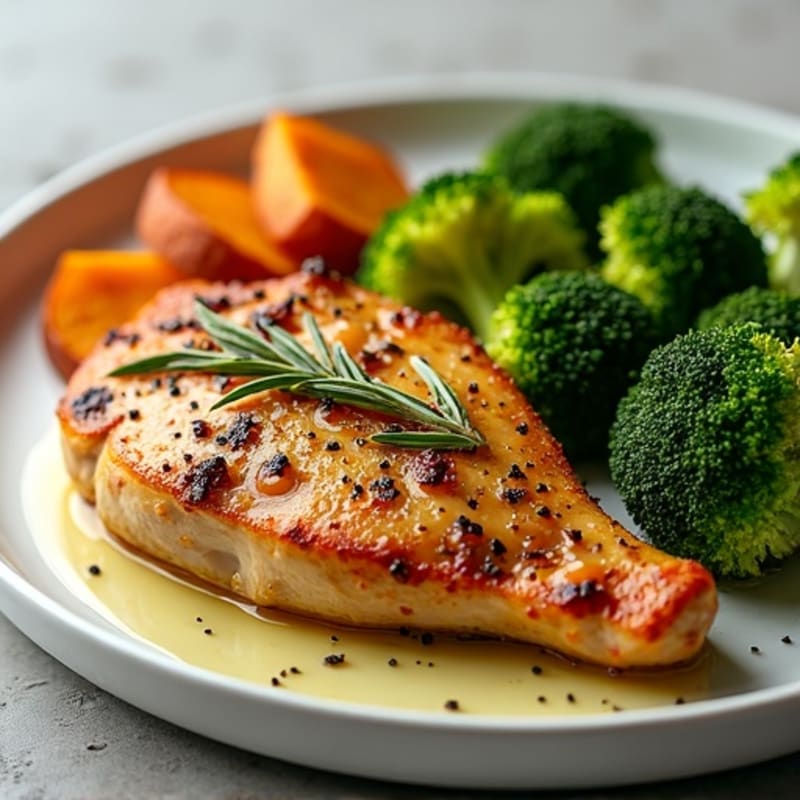 Garlic-Herb Roasted Chicken with Crispy Sweet Potatoes and Tender Broccoli
