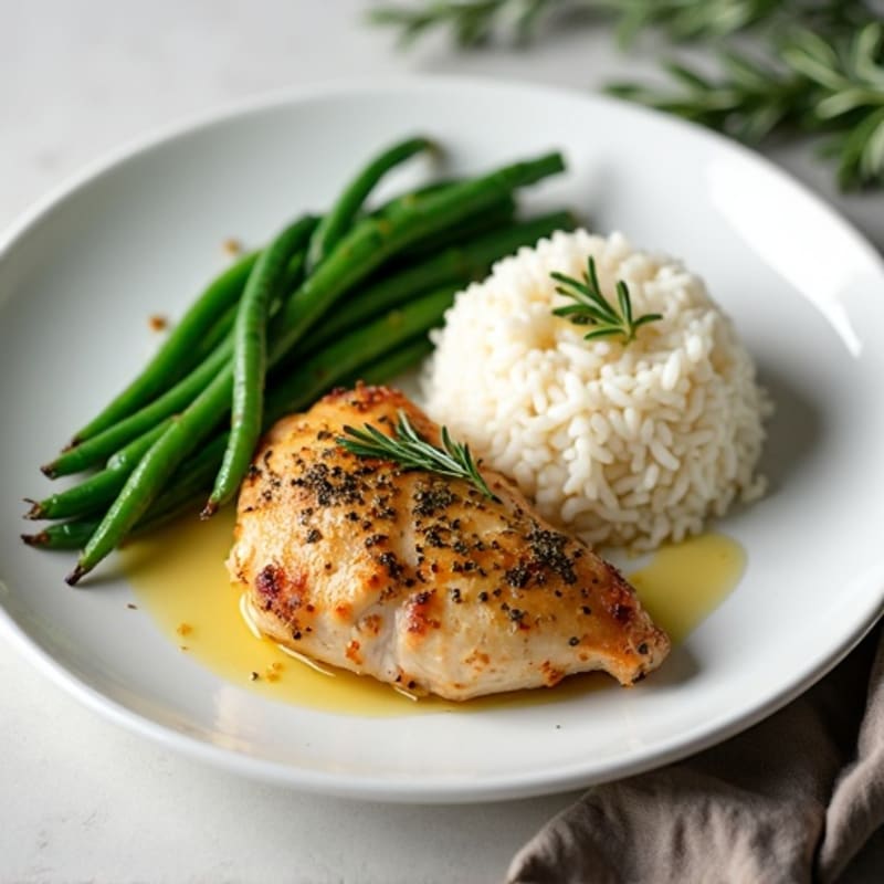 Herb-Roasted Chicken with Garlic Green Beans and Fluffy Rice