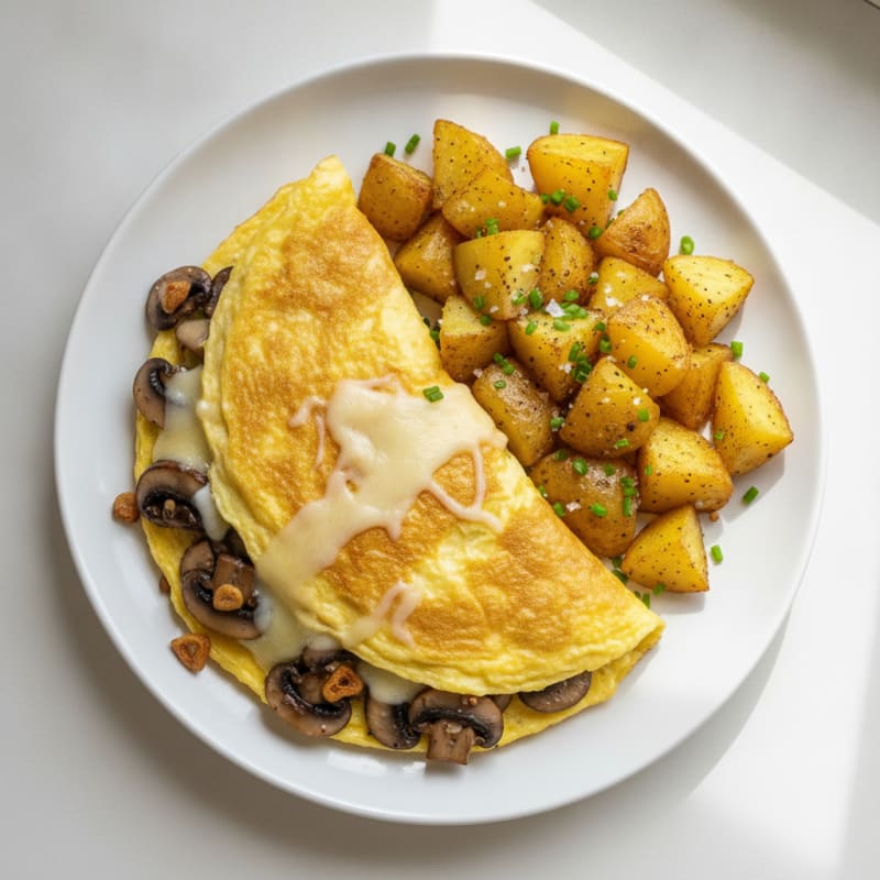 Mushroom Swiss Omelet with Roasted Potatoes
