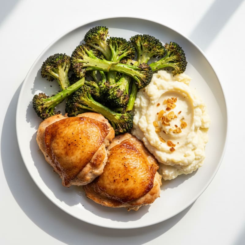 Seared Chicken Thighs with Roasted Broccoli and Garlic Mashed Cauliflower