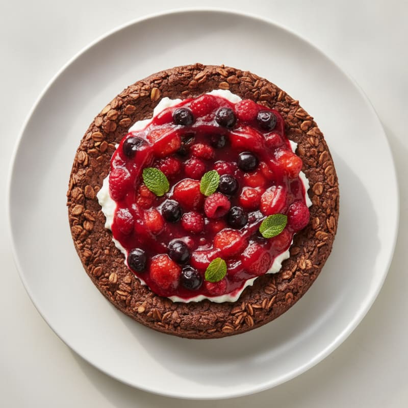 Dark Chocolate Protein Cheesecake with Red Fruit Compote