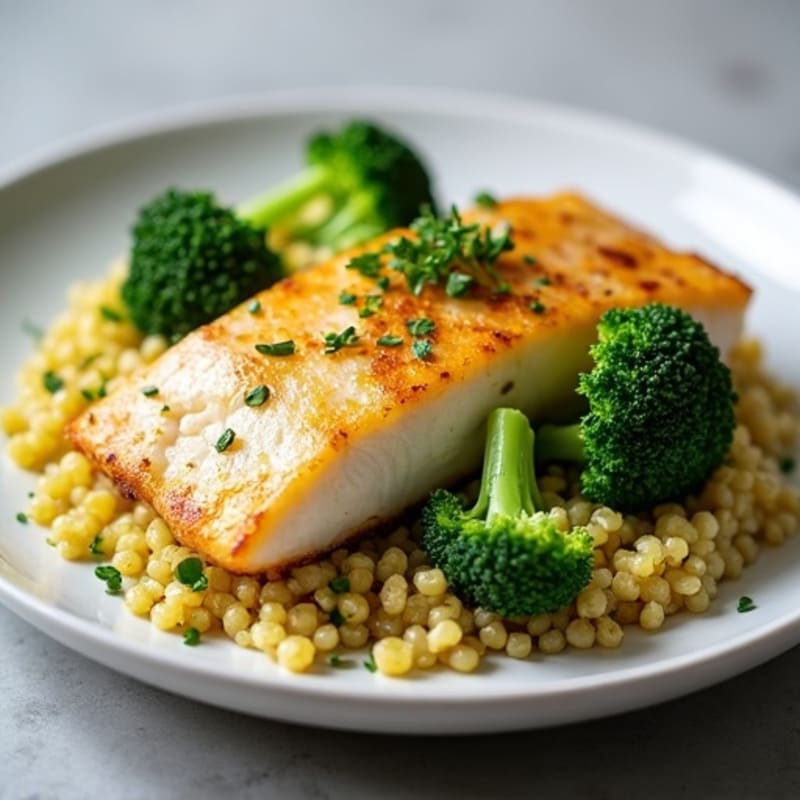 Seared Cod with Steamed Broccoli and Garlic Quinoa