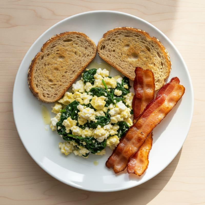 Cottage Cheese Scramble with Spinach and Turkey Bacon