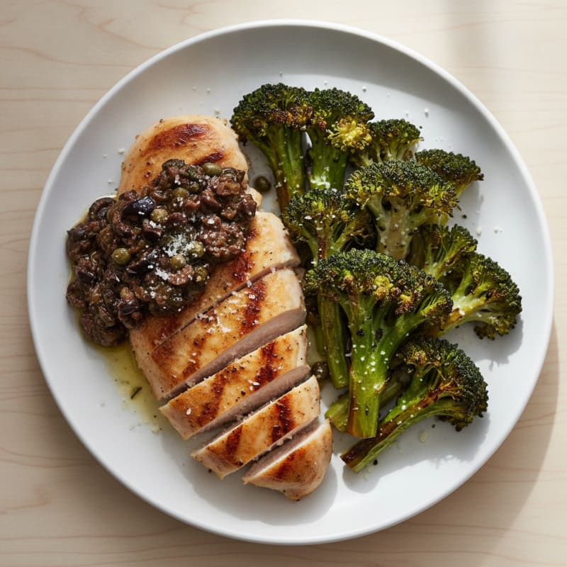 Grilled Chicken Breast with Roasted Broccoli and Olive Tapenade