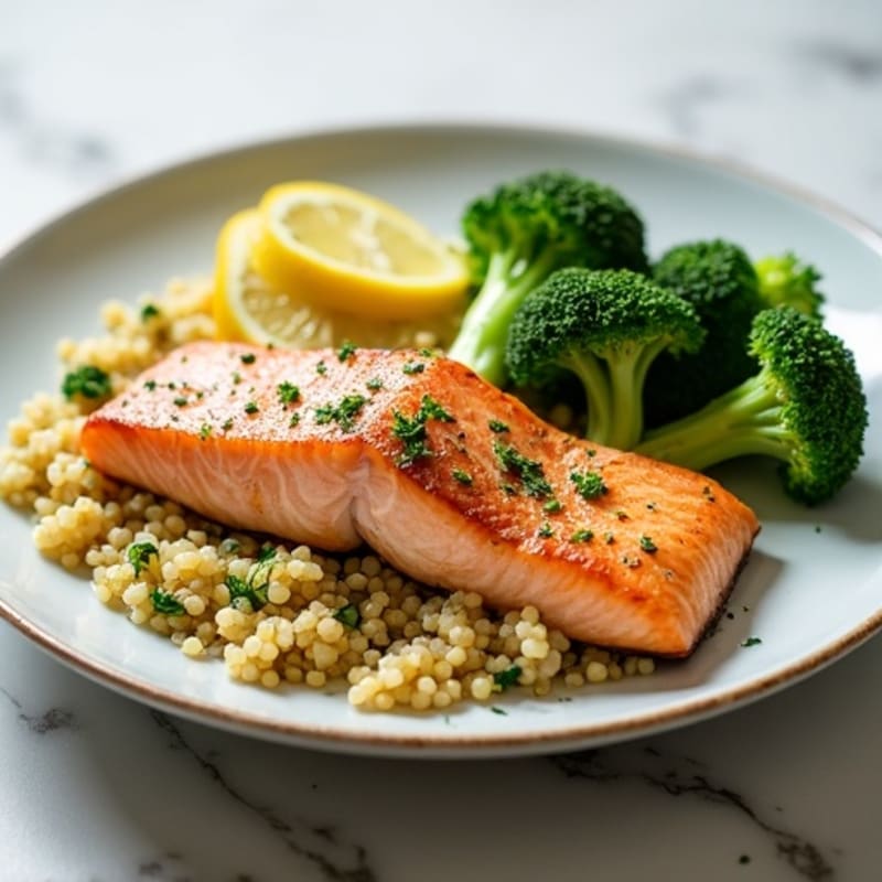 Seared Salmon with Steamed Broccoli and Lemon Quinoa