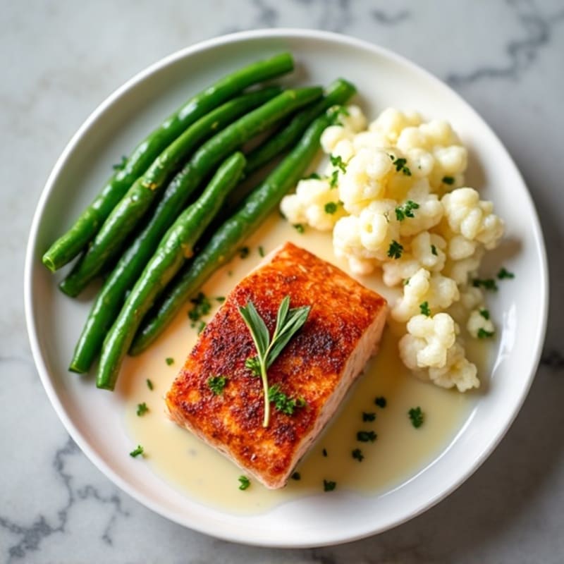 Seared Salmon with Steamed Green Beans and Garlic Mashed Cauliflower
