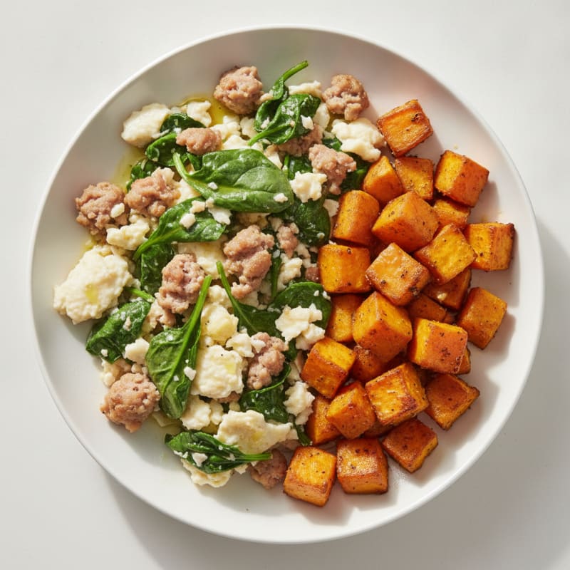 Egg White and Turkey Sausage Scramble with Spinach and Roasted Sweet Potato