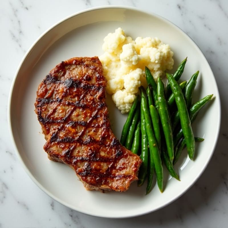 Seared Steak with Garlic Green Beans and Mashed Cauliflower