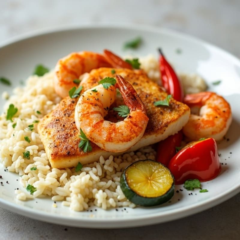 Crispy Pan-Seared Seafood with Saffron Rice and Roasted Vegetables