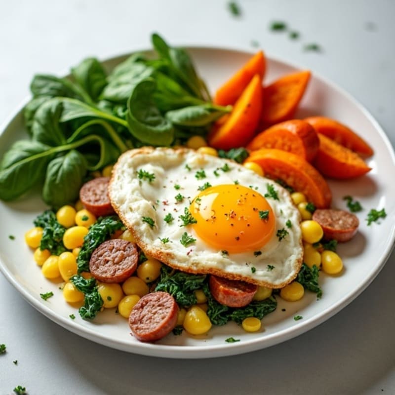 Egg White and Turkey Sausage Scramble with Spinach and Roasted Sweet Potatoes