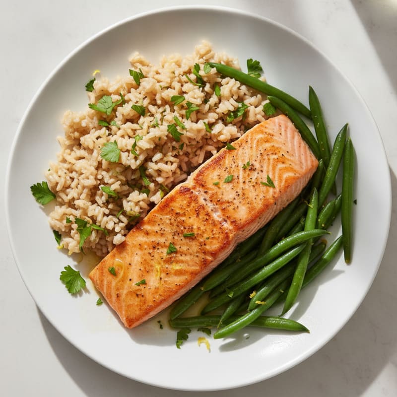 Seared Salmon Fillet with Steamed Green Beans and Herb Rice
