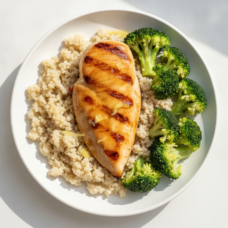 Grilled Chicken Breast with Steamed Broccoli and Quinoa
