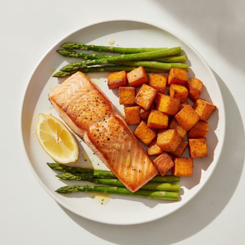 Seared Salmon with Roasted Sweet Potatoes and Asparagus