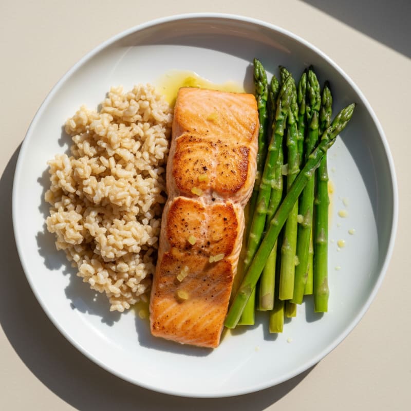 Seared Salmon with Steamed Asparagus and Brown Rice