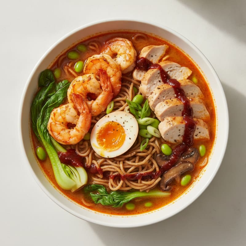 Spicy Shrimp and Chicken Ramen Noodle Bowl