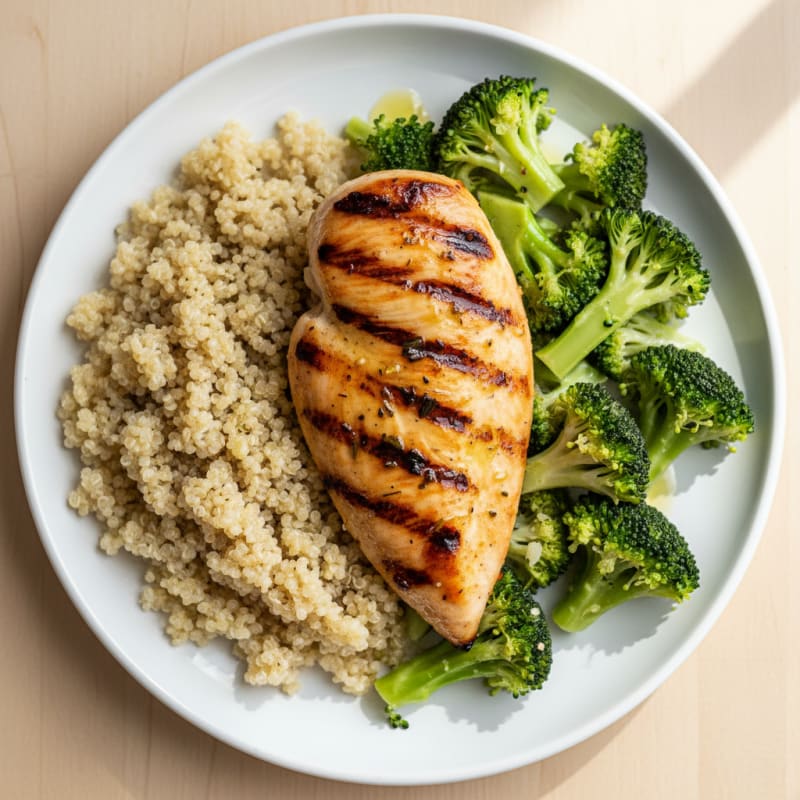 Grilled Chicken Breast with Steamed Broccoli and Quinoa