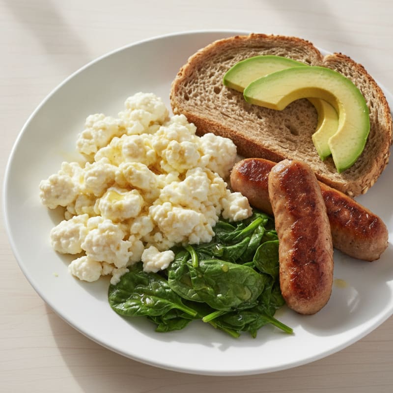 Cottage Cheese Scramble with Turkey Sausage and Sautéed Spinach