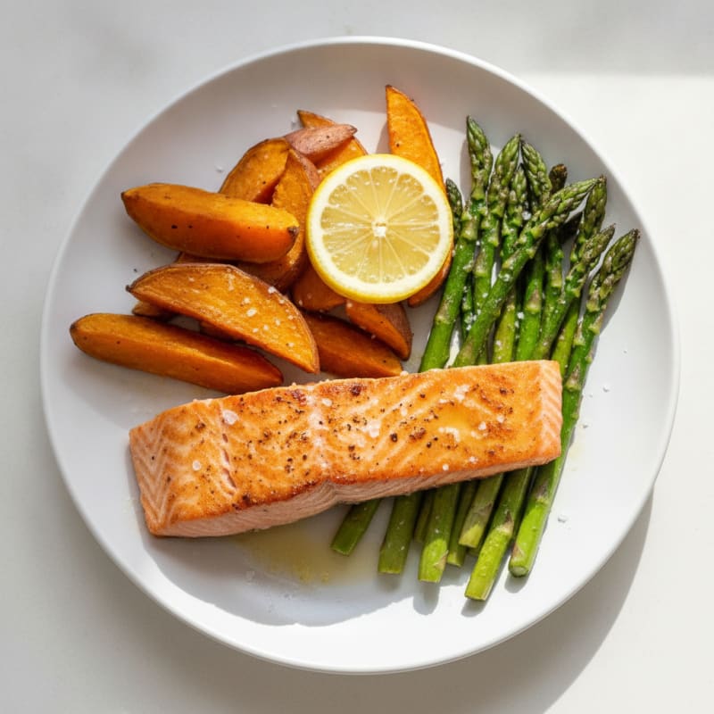 Seared Salmon Fillet with Roasted Sweet Potato and Asparagus