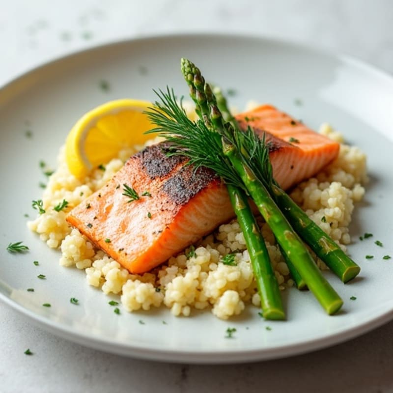 Seared Salmon with Steamed Asparagus and Lemon-Herb Cauliflower Rice