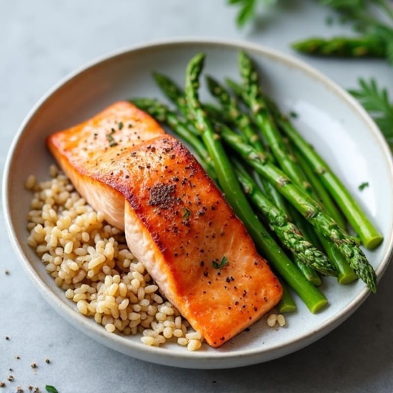 Seared Salmon with Steamed Asparagus and Brown Rice