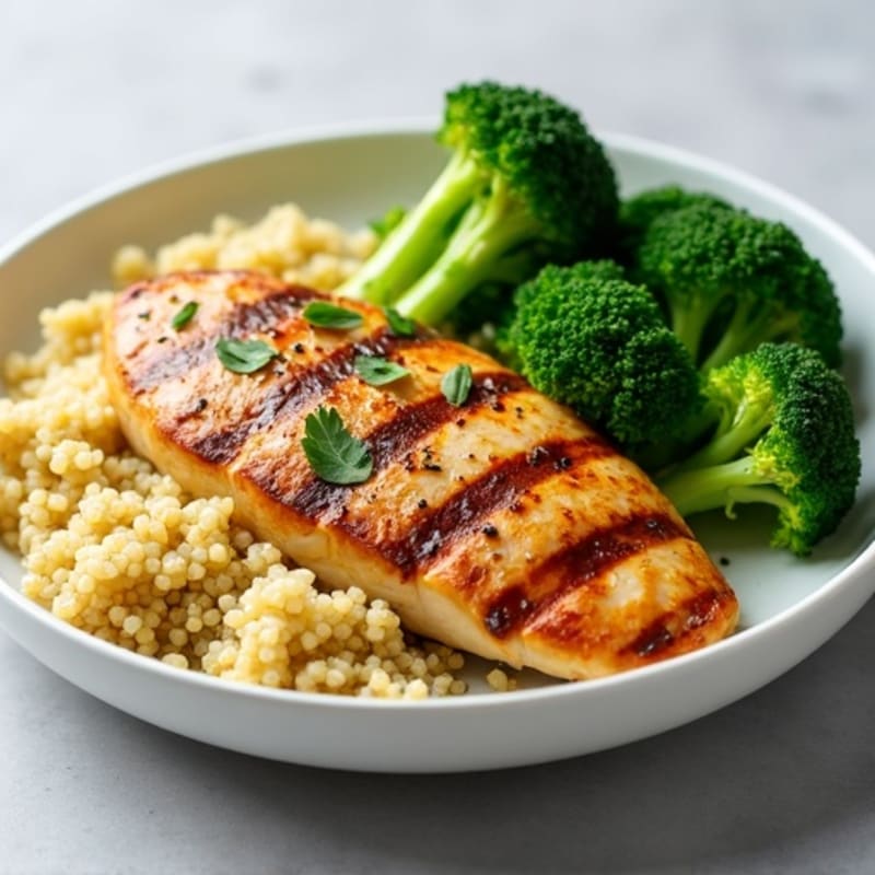 Grilled Lemon Herb Chicken Breast with Quinoa and Steamed Broccoli