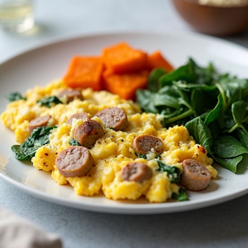 Egg White and Turkey Sausage Scramble with Spinach and Roasted Sweet Potato