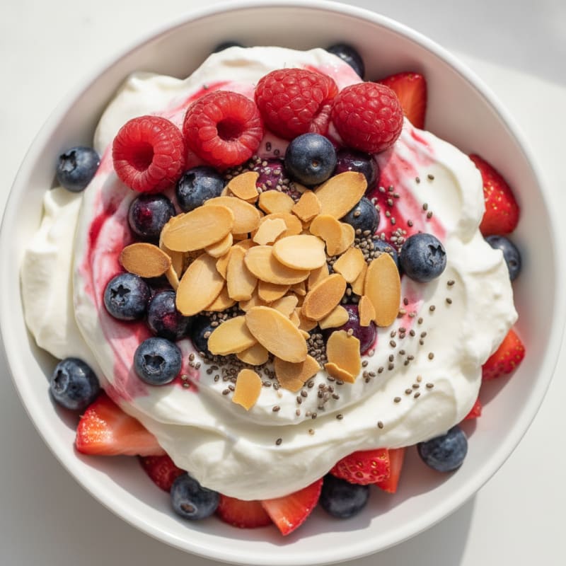 Vanilla Greek Yogurt Protein Parfait with Mixed Berries and Almonds