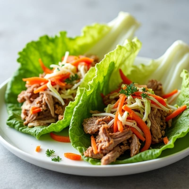 Lean Slow Cooked Pulled Pork Lettuce Wraps with Crispy Slaw