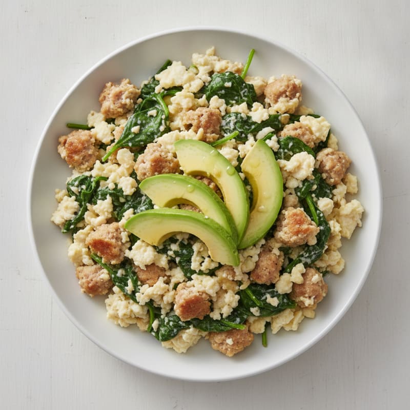 Egg White and Turkey Sausage Scramble with Sautéed Spinach