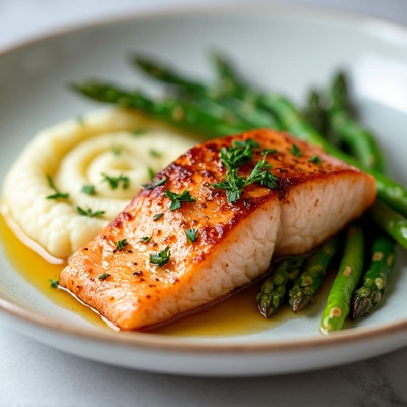 Seared Salmon with Steamed Asparagus and Cauliflower Mash