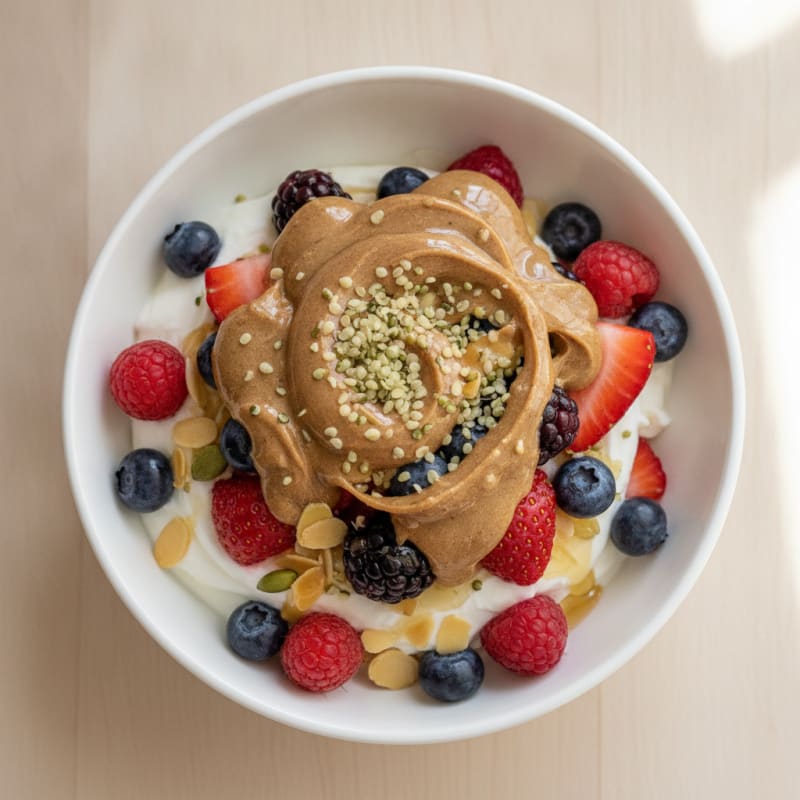 Greek Yogurt Parfait with Mixed Berries, Almond Butter, and Hemp Seeds