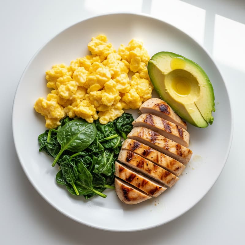 Fluffy Scrambled Eggs with Grilled Chicken and Spinach