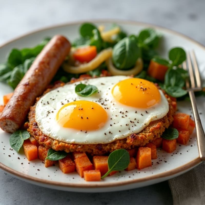 Eggs with Crispy Sweet Potato Hash and Sautéed Greens