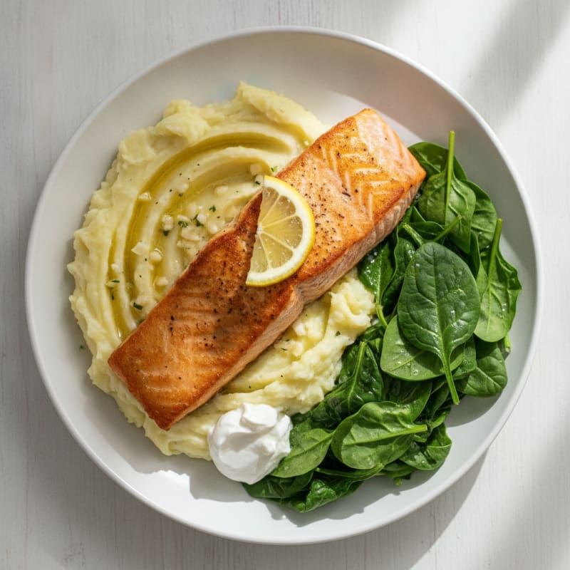 Seared Salmon with Creamy Spinach and Garlic Mashed Potatoes