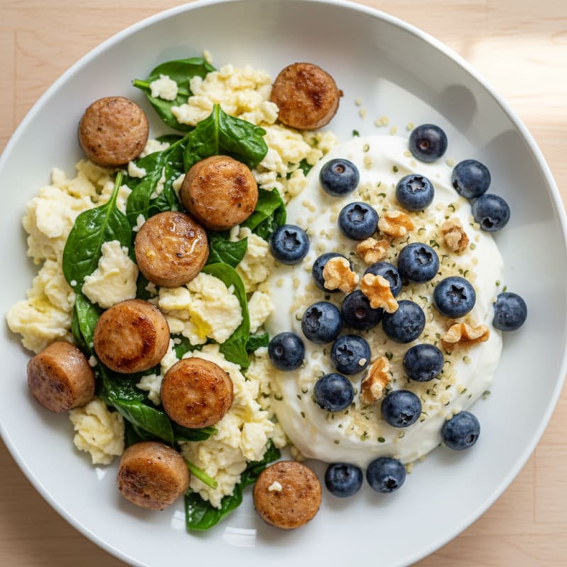 Scrambled Egg Whites with Chicken Sausage and Greek Yogurt Parfait