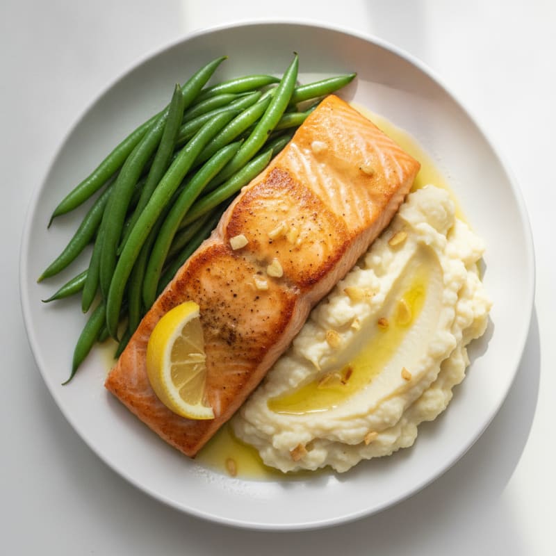 Seared Salmon Fillet with Steamed Green Beans and Mashed Cauliflower