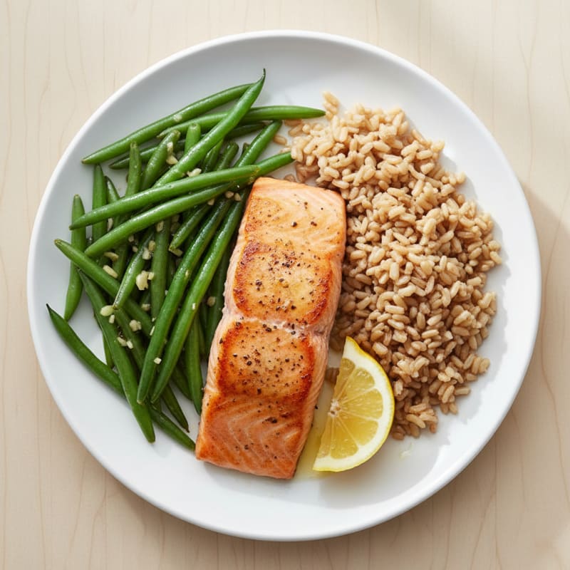 Seared Salmon with Garlic Green Beans and Brown Rice