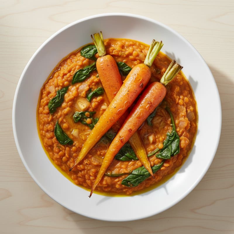 Silky Lentil and Spinach Stew with Roasted Carrots