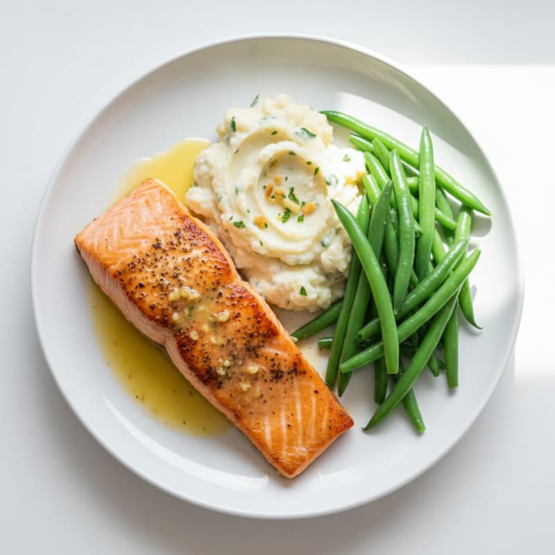 Seared Salmon with Steamed Green Beans and Garlic Mashed Cauliflower