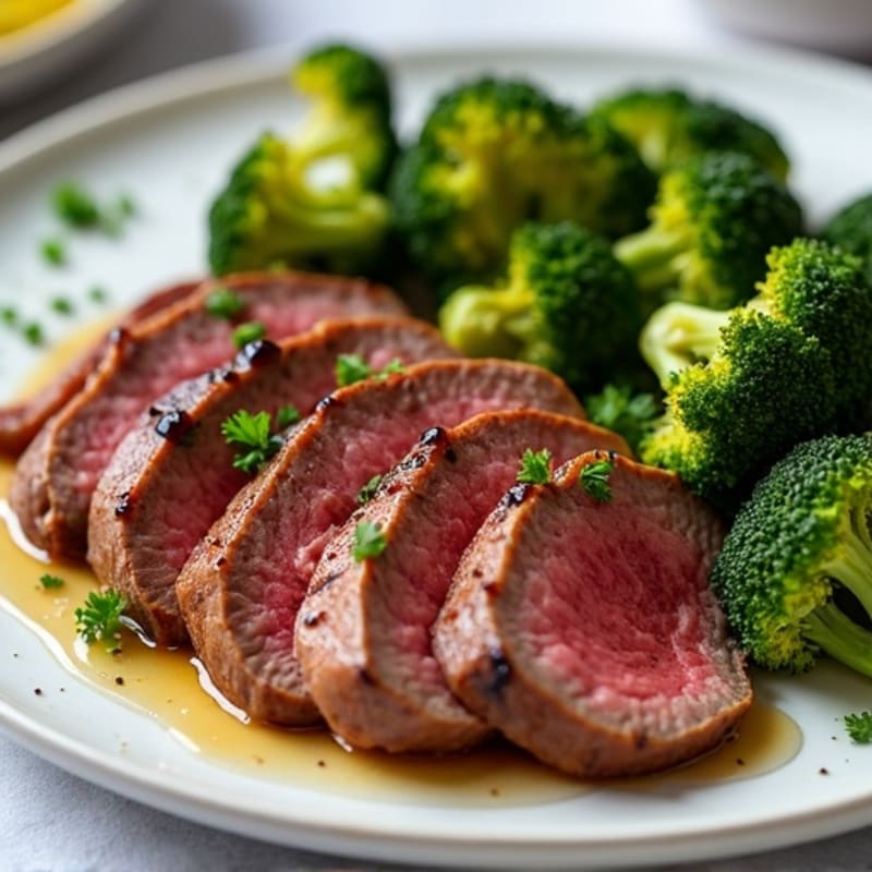 Thinly Sliced Sweet and Savory Beef with Garlic Roasted Broccoli