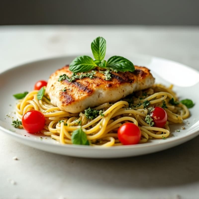 Pan-Seared Chicken with Creamy Basil Pesto Whole Wheat Pasta