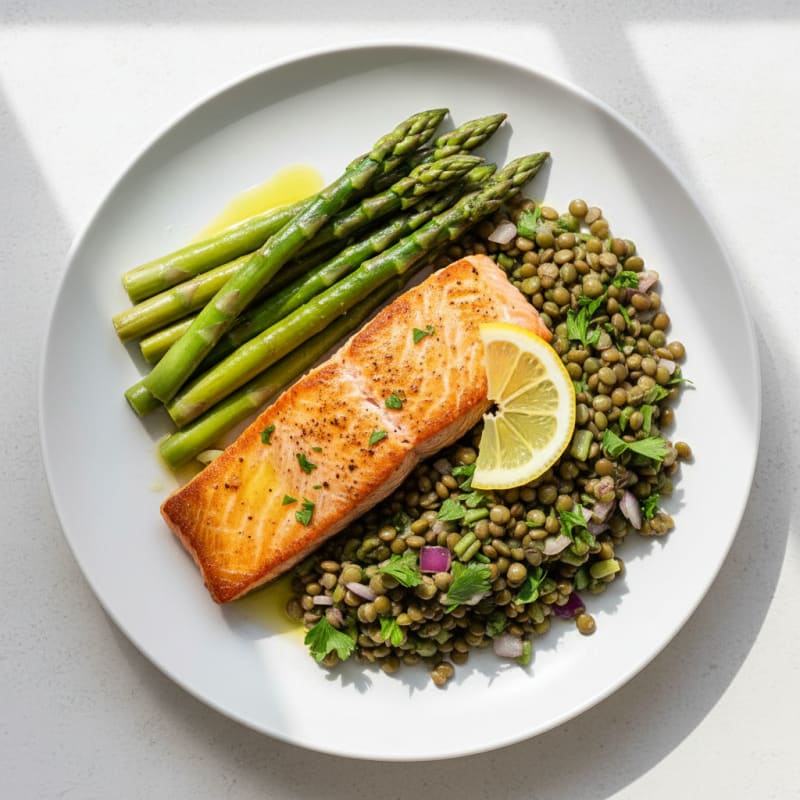 Seared Salmon with Lentil Salad and Steamed Asparagus
