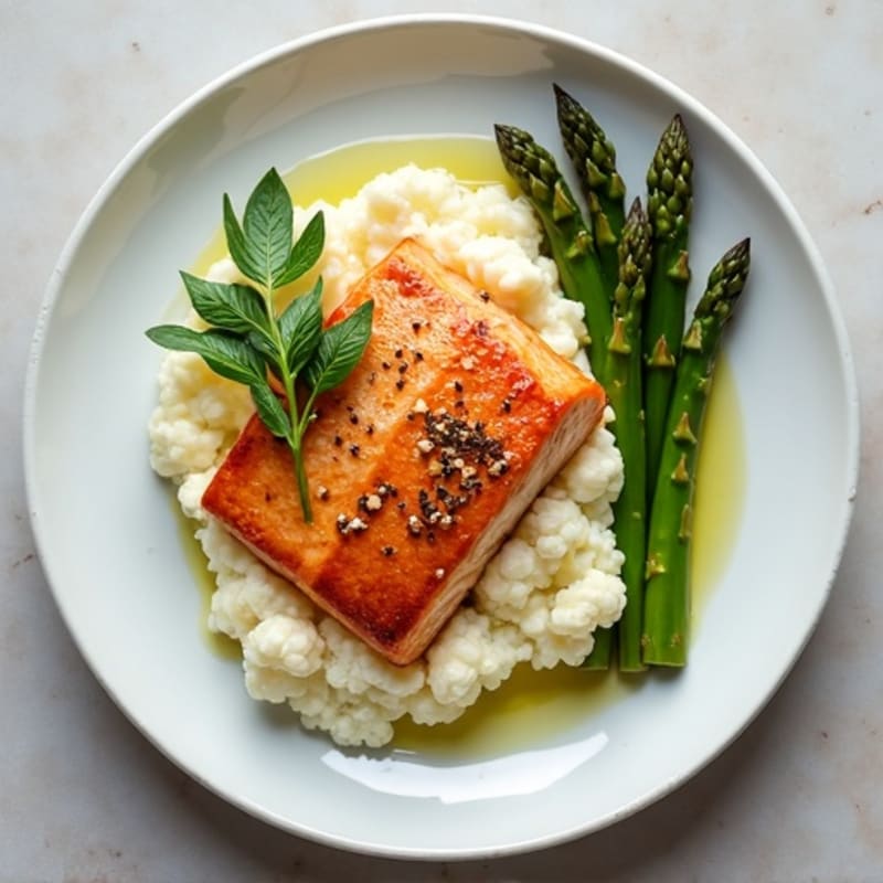 Seared Salmon with Steamed Asparagus and Cauliflower Mash