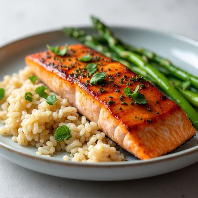 Seared Salmon Fillet with Steamed Asparagus and Brown Rice